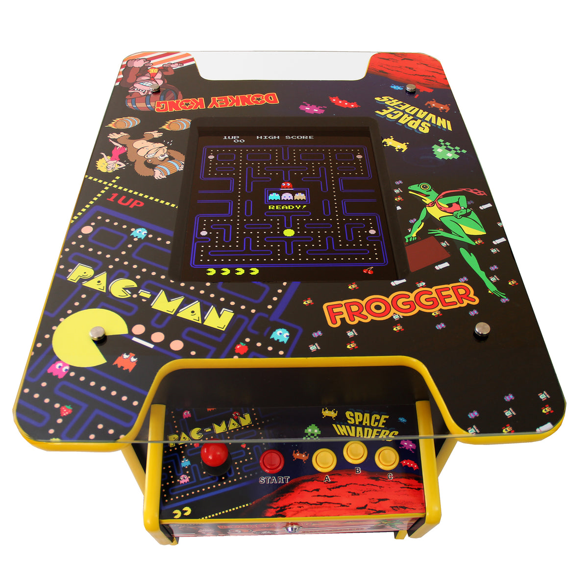 Bunter Arcade Spielautomat mit 60 klassischen Spielen, darunter Pac-Man und Frogger, glänzende Oberfläche und leuchtende Tasten in Gelb und Rot