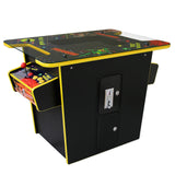 Schwarzer Arcade-Spielautomat mit gelben Akzenten, ausgestattet mit einem Joystick und bunten Spielgrafiken, bietet 60 klassische Spiele