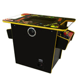 Schwarzer Arcade Spielautomat mit gelben Akzenten, ausgestattet mit einem großen Bildschirm und klassischen Joysticks, ideal für Retro-Spieler