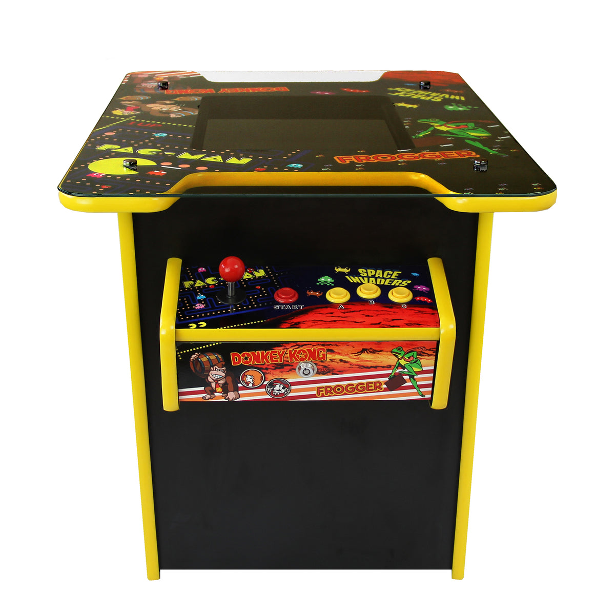 Bunter Arcade Spielautomat mit 60 klassischen Spielen, schwarzem Gehäuse, gelben Akzenten und einem Joystick sowie bunten Spielgrafiken