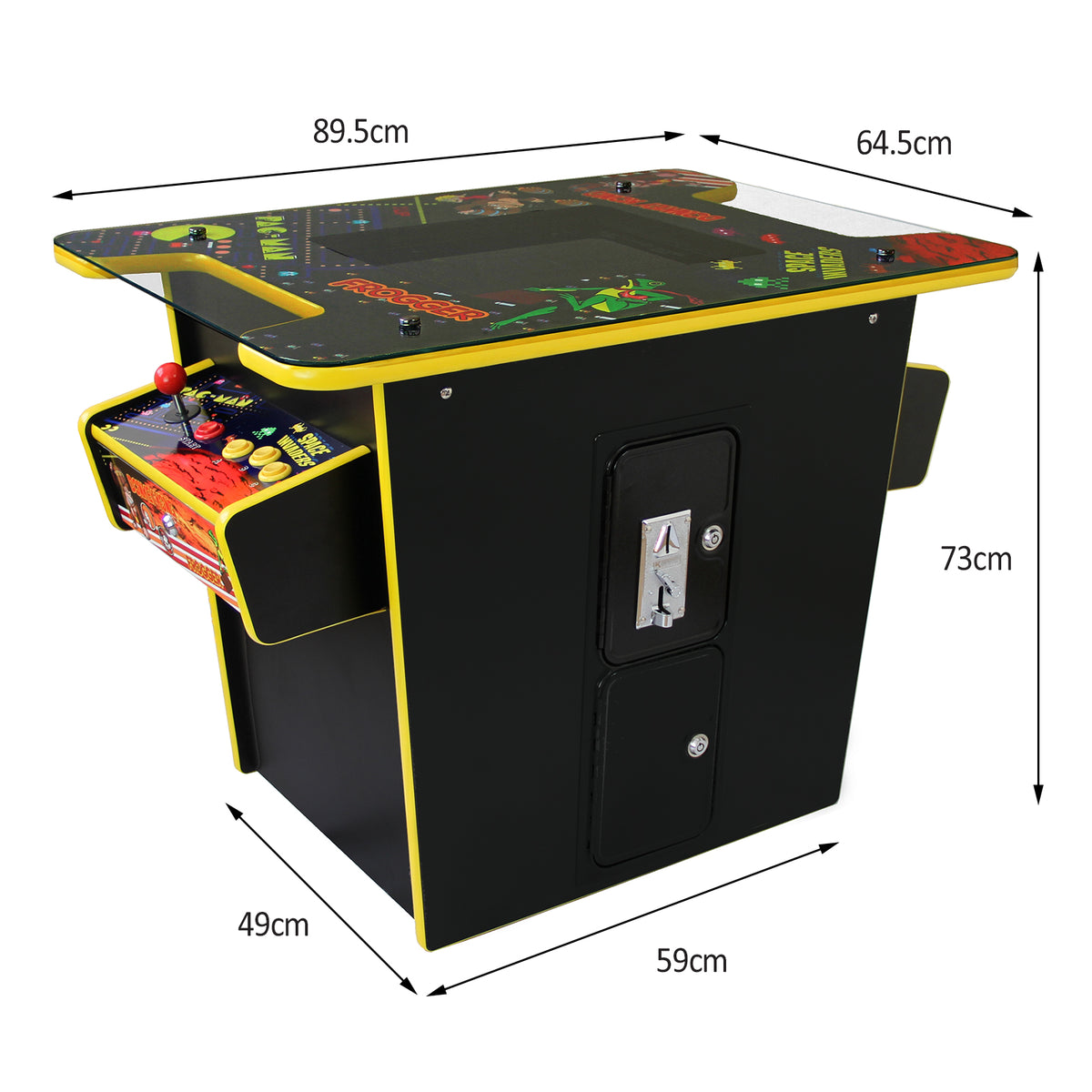 Schwarzer Arcade-Spielautomat mit buntem Grafikdesign, Joystick und Tasten, misst 89,5 cm in der Breite und 73 cm in der Höhe, ideal für Retro-Spieleliebhaber
