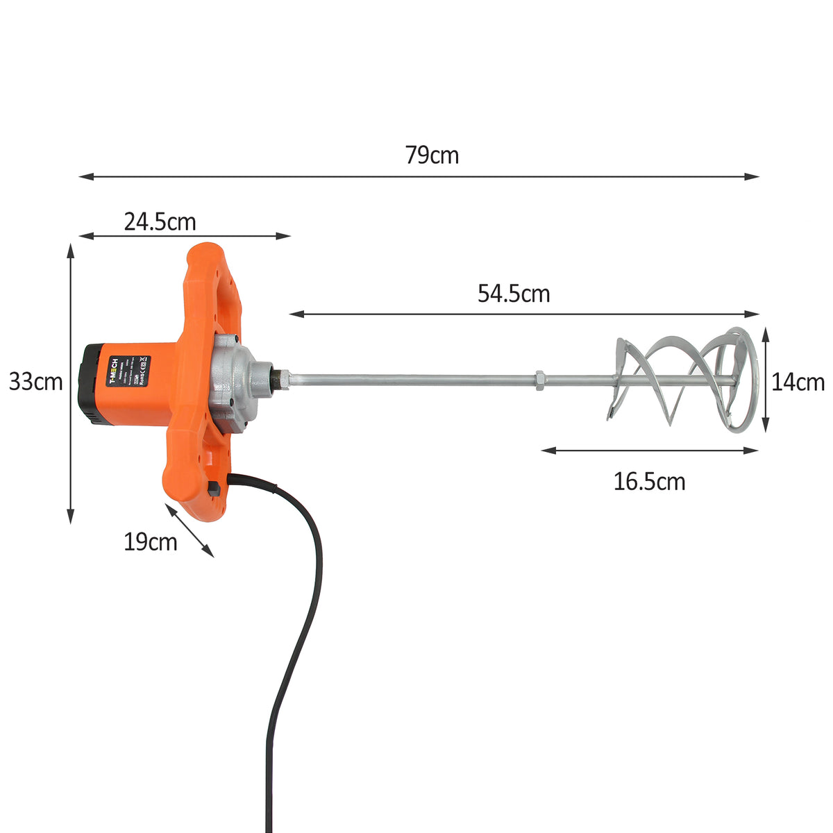Der T-Mech Rührwerk-Farbrührer in leuchtendem Orange mit einem stabilen, metallischen Rührbesen und einem ergonomischen Griff für einfache Handhabung