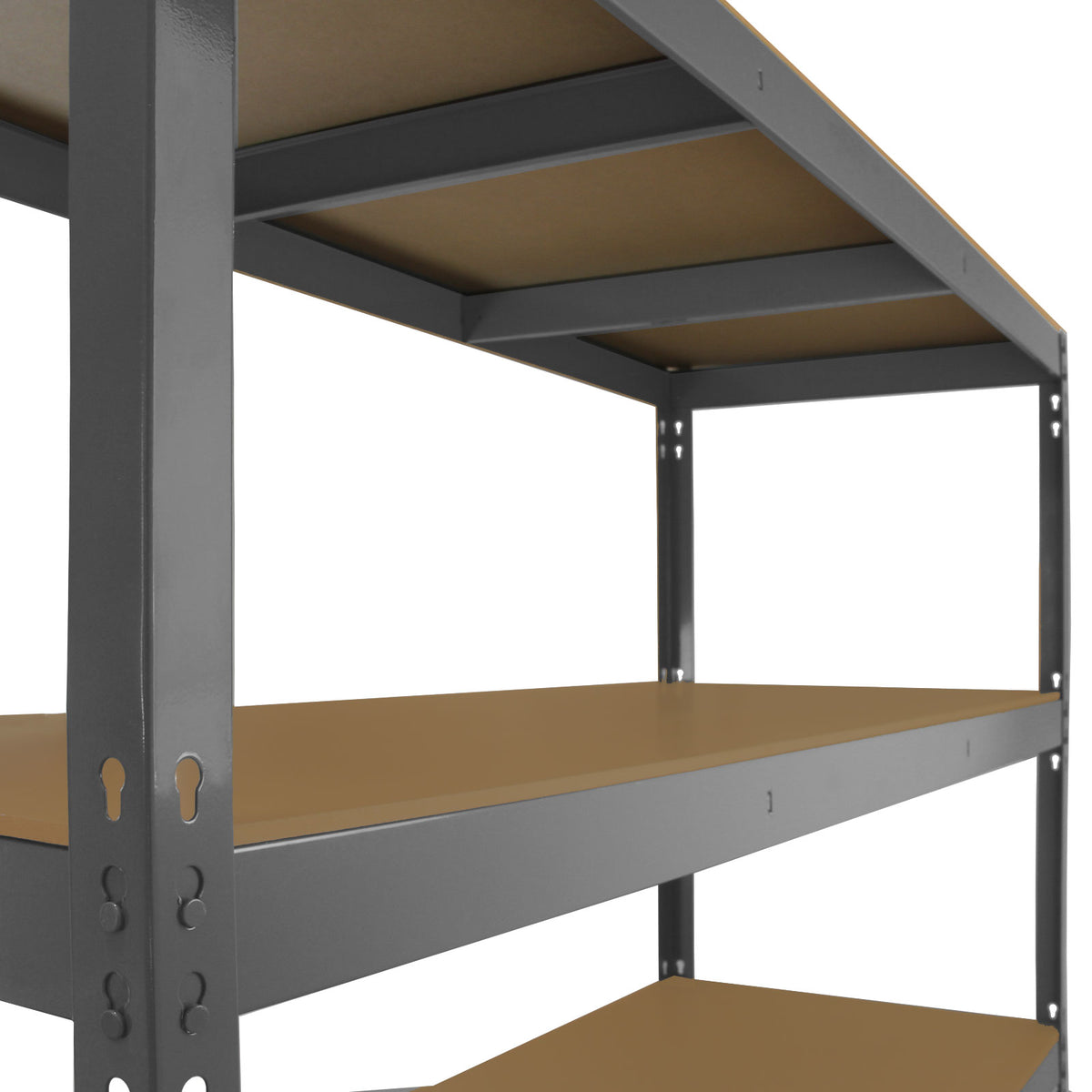 Graues Monster Racking Q-Rax Lagerregal mit drei stabilen Regalböden aus Holz, ideal für die Aufbewahrung von Werkzeugen und Materialien