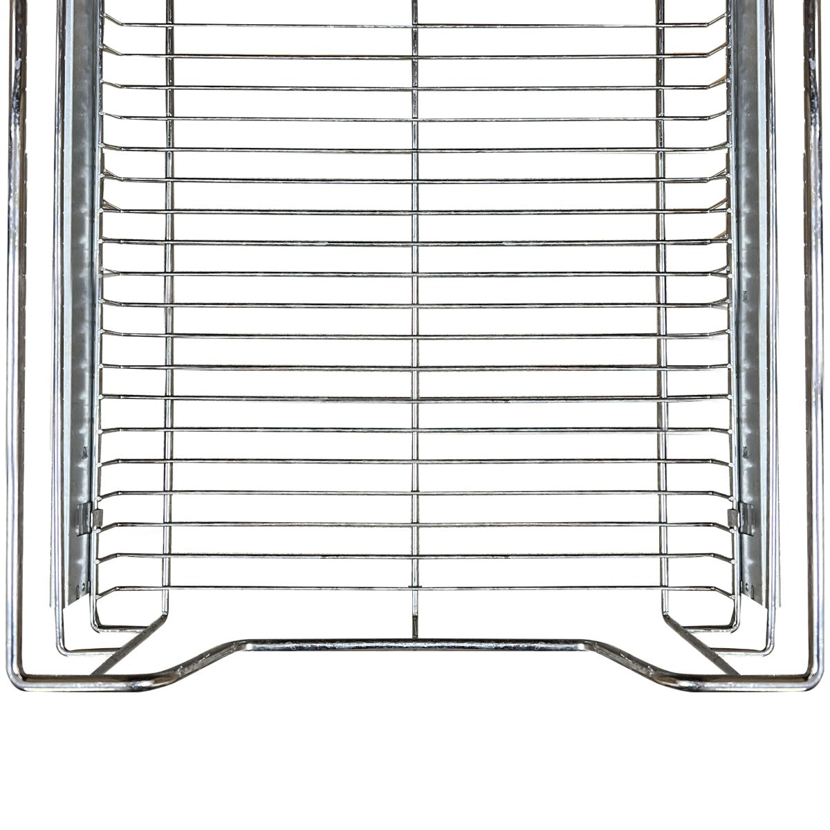 Ausziehbare Küchenschublade aus glänzendem Edelstahl, mit feinen Streben und stabiler Konstruktion, ideal für 30cm breite Schränke