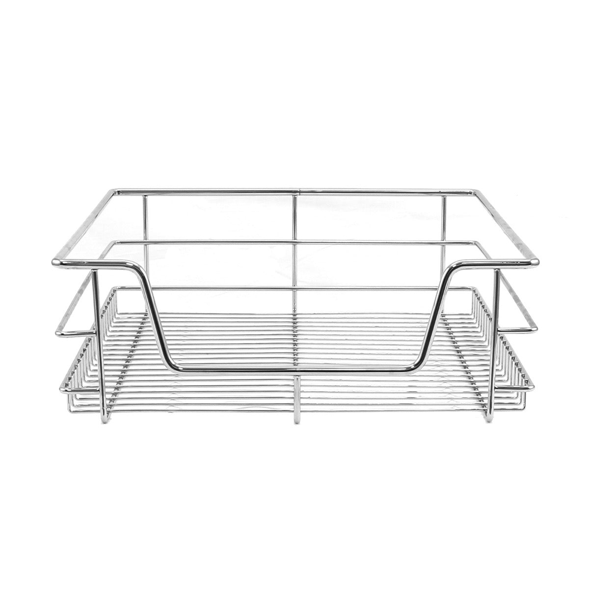 Zwei ausziehbare Küchenschubladen aus glänzendem Metall, ideal für 50 cm breite Schränke, mit stabiler, offener Gitterstruktur für optimale Sichtbarkeit und Zugriff