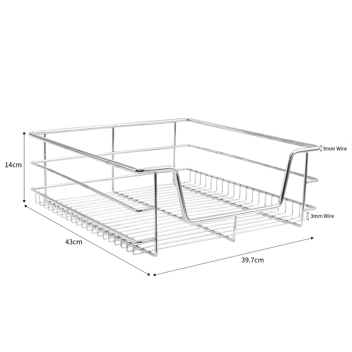 Ausziehbare Küchenschublade aus verchromtem Metall, 43 cm lang, 39,7 cm breit, 14 cm hoch, mit stabilen Drahtgittern für optimale Aufbewahrung
