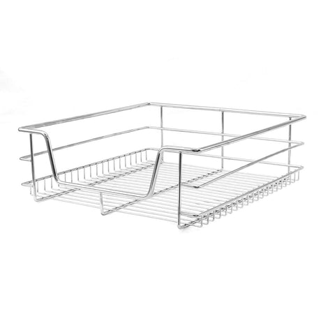 Ausziehbare Küchenschublade aus robustem, glänzendem Metall mit offenem Gitterdesign, ideal für die Aufbewahrung von Küchenutensilien und Lebensmitteln