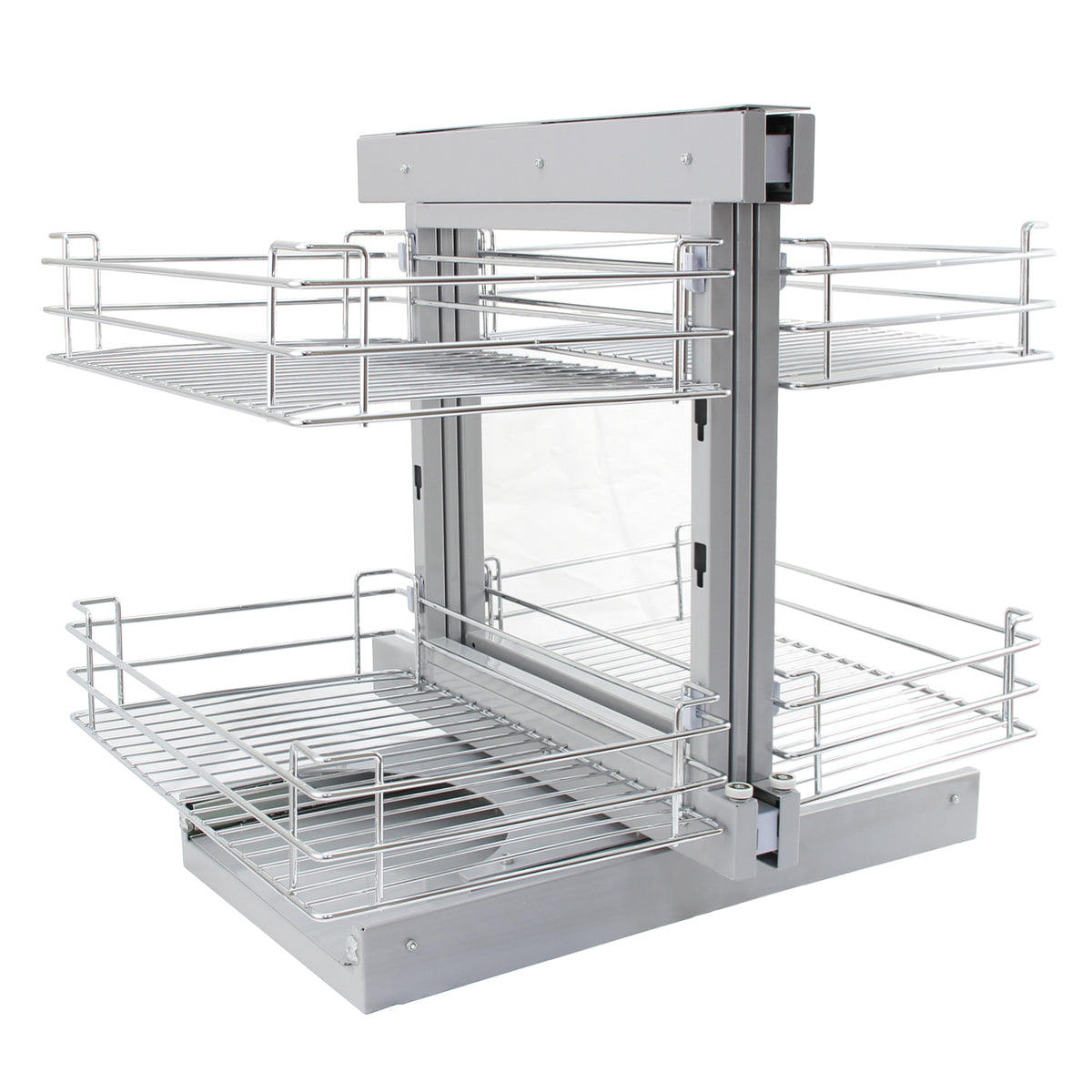 Eckschrank aus silbernem Metall mit zwei ausziehbaren Körben, ideal für die Küche, bietet optimalen Stauraum und einfachen Zugriff auf Lebensmittel