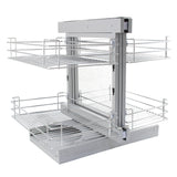 Eckschrank aus silbernem Metall mit zwei ausziehbaren Körben, ideal für die Küche, bietet optimalen Stauraum und einfachen Zugriff auf Lebensmittel