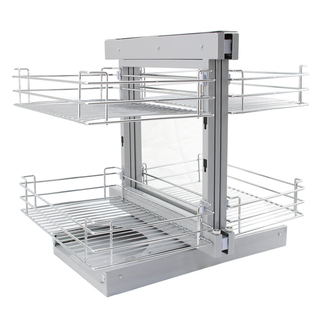 Eckschrank aus silbernem Metall mit zwei ausziehbaren Körben, ideal für die Küche, bietet optimalen Stauraum und einfachen Zugriff auf Lebensmittel