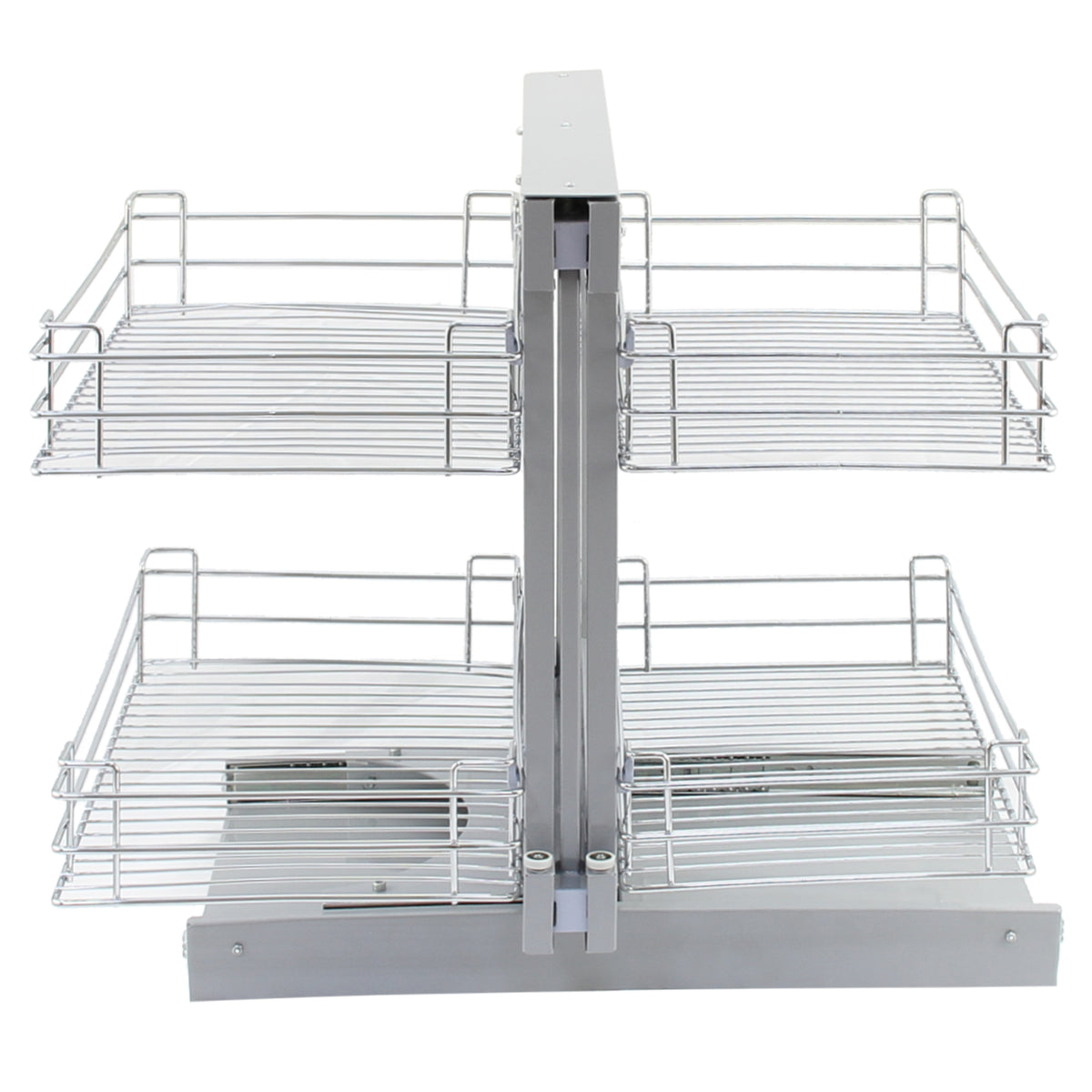 Eckschrank mit verchromten Drahtkörben, zwei Etagen, rechte Öffnung, ideal für Küchenorganisation und Platzersparnis, modernes Design