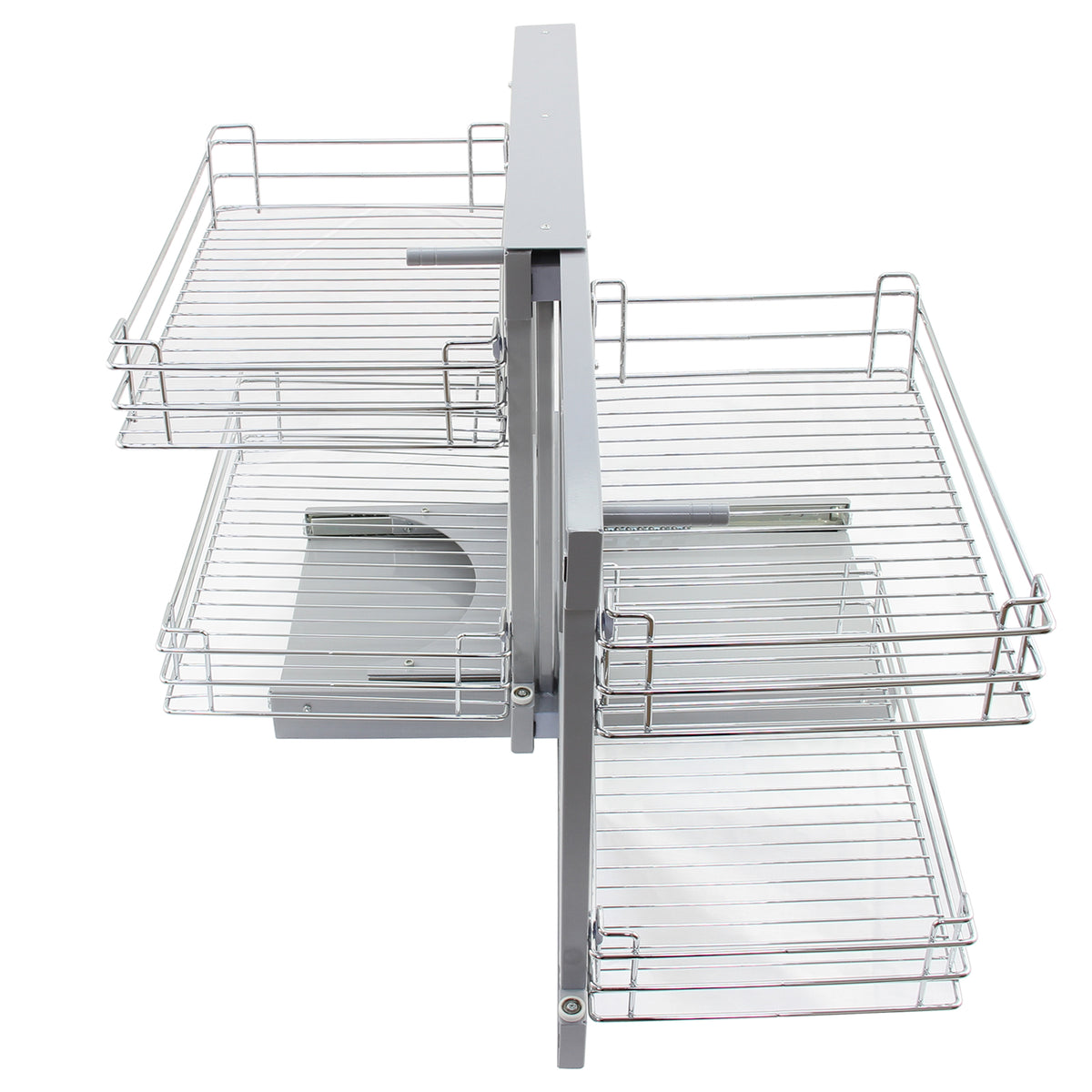 Der KuKoo Magic Corner Eckschrank in elegantem Silber bietet zwei praktische, drahtgeflechtete Regale für optimalen Stauraum in der Küche