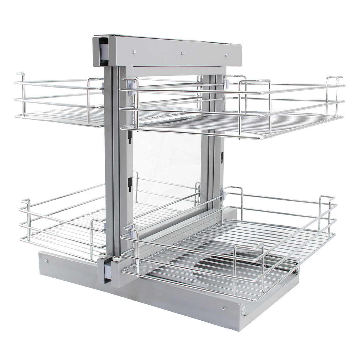 Moderner KuKoo Magic Corner Eckschrank in Silber mit zwei offenen Drahtregalen, ideal für die Küchenorganisation und platzsparende Aufbewahrung
