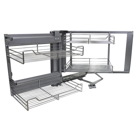 Ausziehbarer Edelstahl-Eckschrank mit mehreren Drahtregalen, glänzender Oberfläche, robustem Design und flexibler Nutzung für Küchen- oder Wohnräume