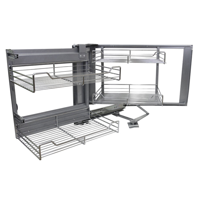 Ausziehbarer Edelstahl-Eckschrank mit mehreren Drahtregalen, glänzender Oberfläche, robustem Design und flexibler Nutzung für Küchen- oder Wohnräume