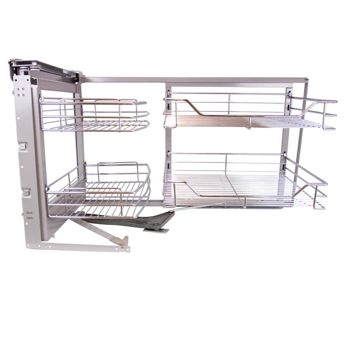 Ausziehbarer Edelstahl-Eckschrank mit zwei offenen Regalen, glänzender Oberfläche, robustem Material und flexibler Breite von 90-100 cm, ideal für Küchenorganisation