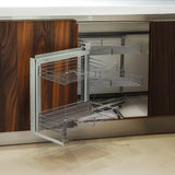 Ausziehbarer Edelstahl-Eckschrank mit Holzfront, graue Metallregale, optimal für die Aufbewahrung in der Küche, elegant und funktional