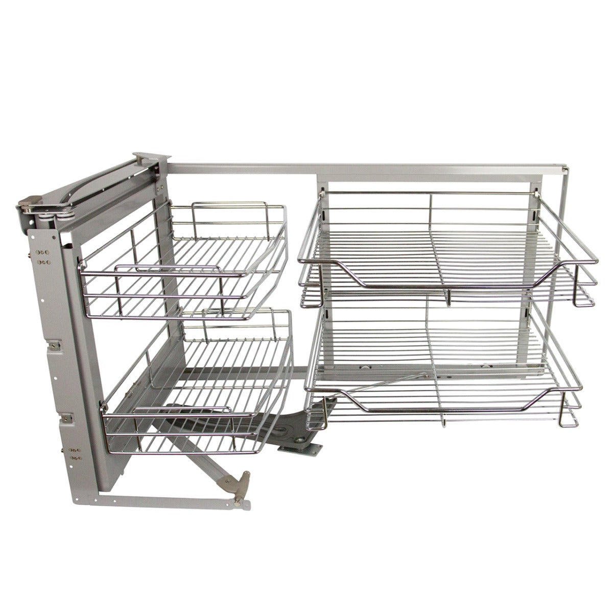 Ausziehbarer Edelstahl-Eckschrank in silber, mit zwei Drahtkörben und glattem, modernem Design, ideal für platzsparende Aufbewahrung in Küchen