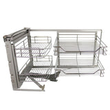 Ausziehbarer Edelstahl-Eckschrank in silber, mit zwei Drahtkörben und glattem, modernem Design, ideal für platzsparende Aufbewahrung in Küchen