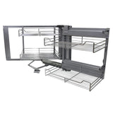 Ausziehbarer Edelstahl-Eckschrank in silber, mit mehreren Drahtregalen, ideal für platzsparende Aufbewahrung in der Küche, 90-100 cm breit