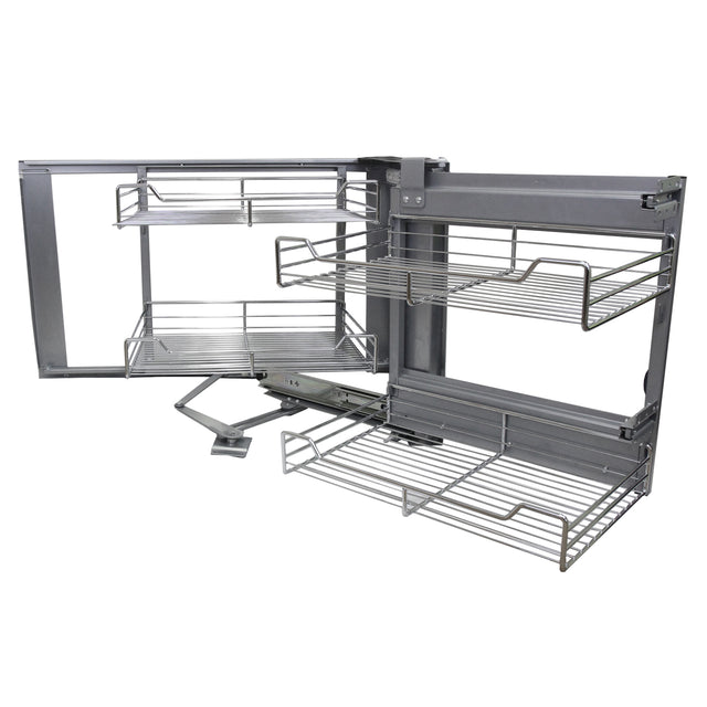 Ausziehbarer Edelstahl-Eckschrank in silber, mit mehreren Drahtregalen, ideal für platzsparende Aufbewahrung in der Küche, 90-100 cm breit