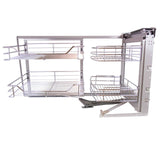 Ausziehbarer Edelstahl-Eckschrank mit zwei offenen Regalen und einem praktischen Auszug, ideal für die optimale Raumnutzung in der Küche