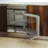 Ausziehbarer Edelstahl-Eckschrank mit Holzoptik, drei Drahtkörben, glänzender Oberfläche und robustem Design, ideal für Küchenorganisation