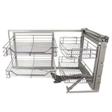 Ausziehbarer Edelstahl-Eckschrank in silber, mit zwei offenen Regalen und einem stabilen Gestell, ideal für platzsparende Aufbewahrung in der Küche