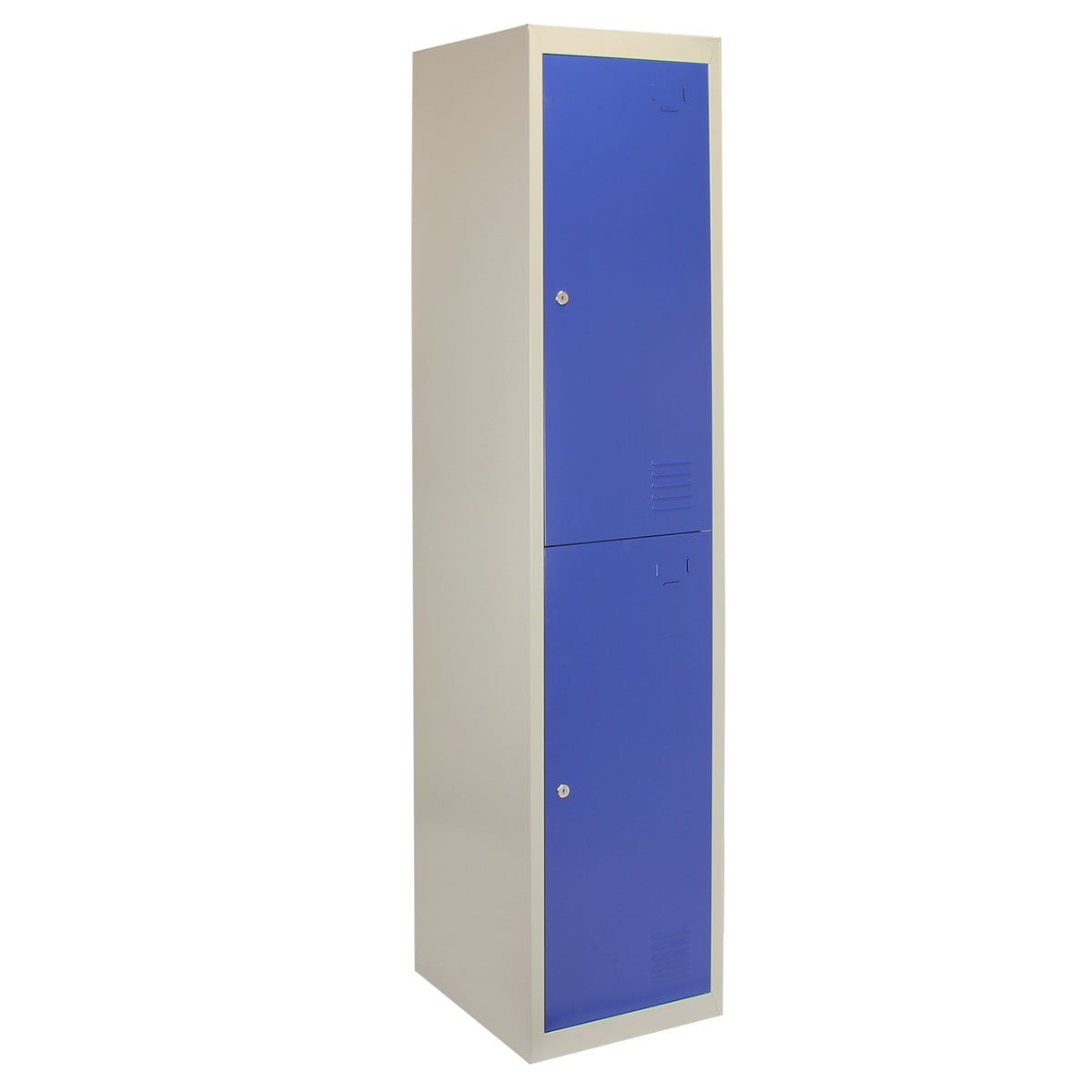 Zwei-türiger Schließfachschrank in Blau mit glatter Oberfläche, robustem Metallmaterial und modernen, minimalistischen Linien für vielseitige Nutzung