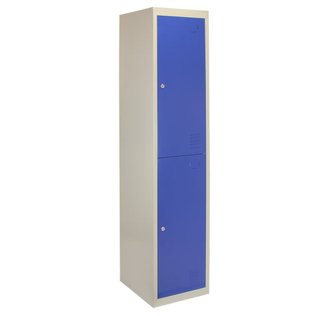 Zwei-türiger Schließfachschrank in Blau mit glatter Oberfläche, robustem Metallmaterial und modernen, minimalistischen Linien für vielseitige Nutzung