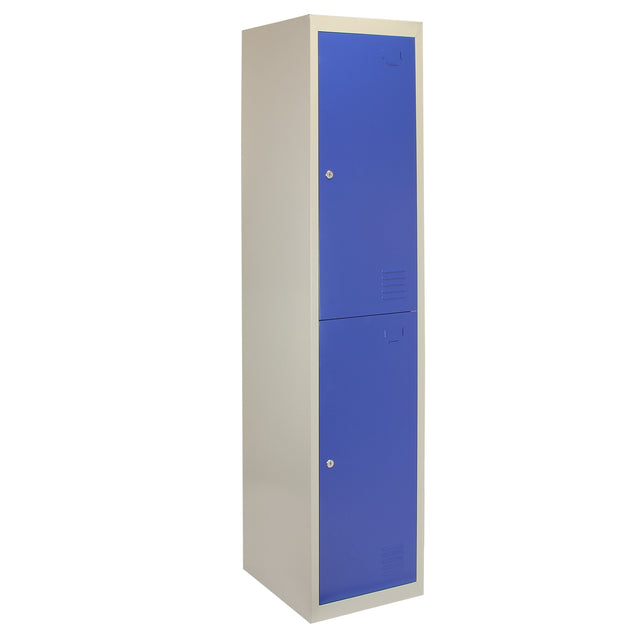 Zwei-türiger Schließfachschrank in Blau mit glatter Oberfläche, robustem Metallmaterial und modernen, minimalistischen Linien für vielseitige Nutzung