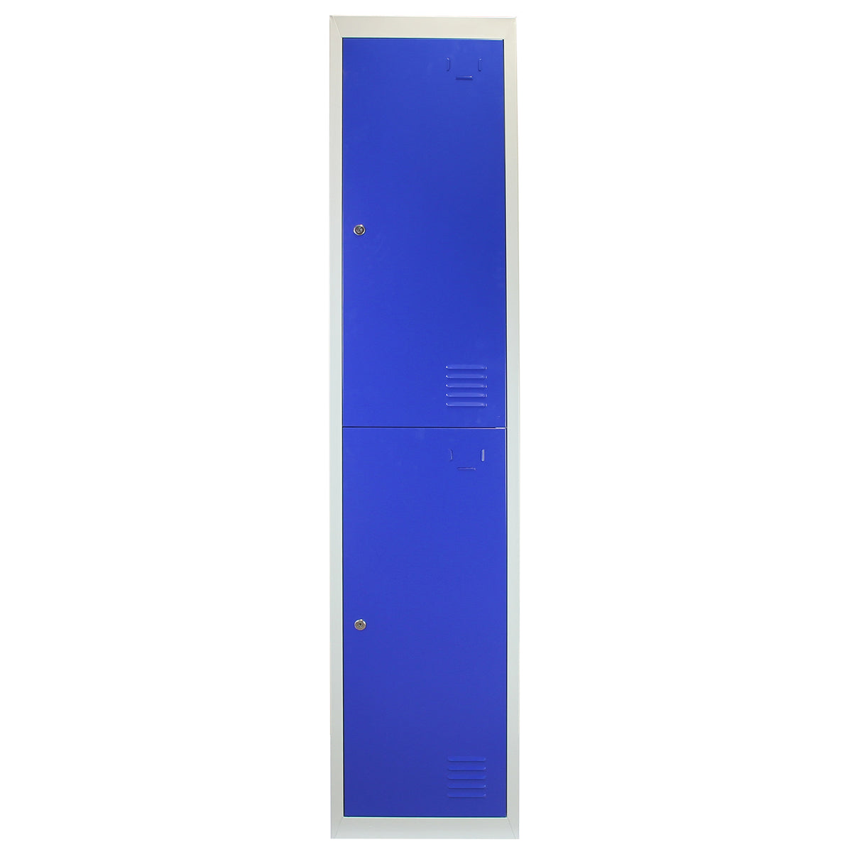 Zweiflügeliger Schließfachschrank in kräftigem Blau mit glatter Metalloberfläche, zwei Fächern und silbernem Schloss, ideal für Schulen oder Fitnessstudios