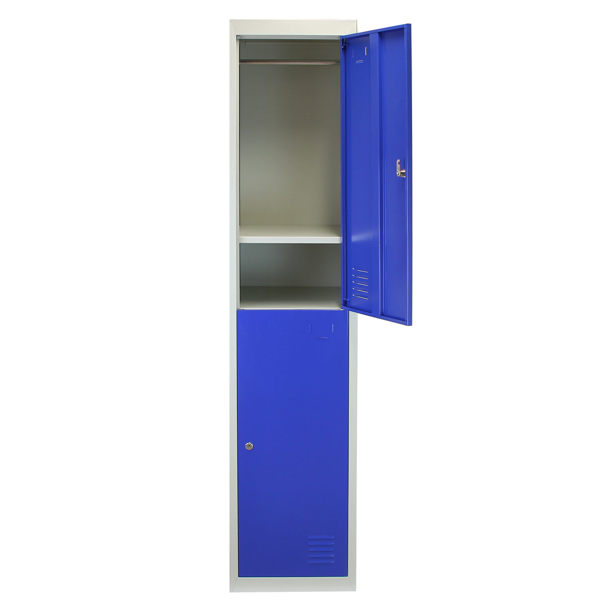 Zwei-türiger Schließfachschrank in Blau mit einem glatten, matten Finish, einem oberen Regal und einem unteren Fach mit Schloss für sichere Aufbewahrung
