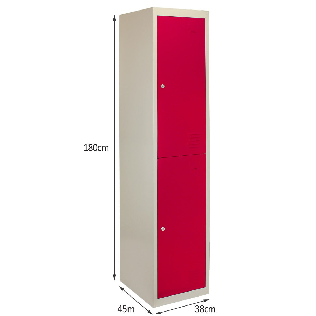 Zweiflügeliger Metallspind in Rot und Weiß, 180 cm hoch, mit zwei abschließbaren Türen und schlichten, modernen Linien, ideal für Aufbewahrung
