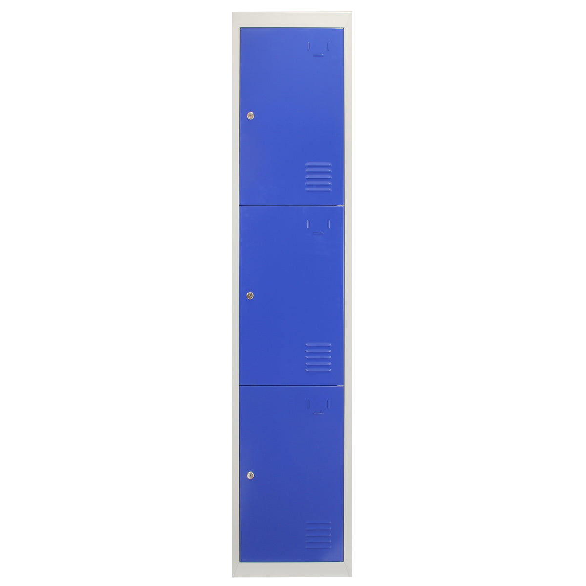 Drei türiger Schließfachschrank in lebhaftem Blau mit glatten Oberflächen, metallischem Material und stabiler Bauweise, ideal für Schulen oder Fitnessstudios