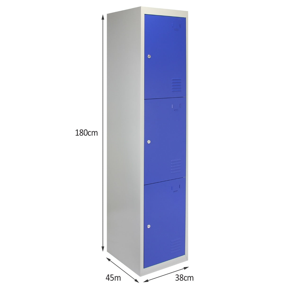 Drei-türiger Schließfachschrank in Blau mit grauem Rahmen, 180 cm hoch, 45 cm breit und 38 cm tief, ideal für Schulen oder Fitnessstudios