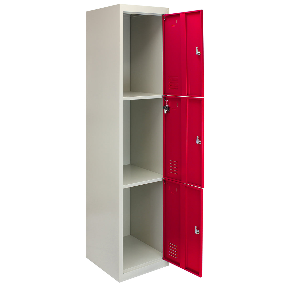 Drei rote Schließfächer in einem flachverpackten, grauen Spind, mit glatten Oberflächen und robustem Metallmaterial, ideal für Aufbewahrung und Organisation