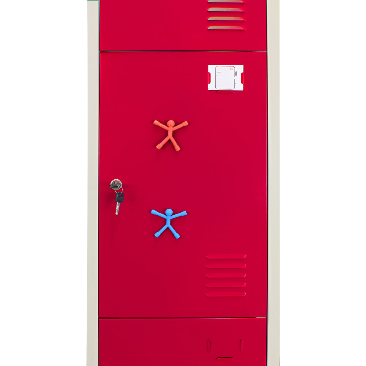 Drei-türiger roter Stahlspind mit bunten Magneten in Form von Figuren, robustes Material, moderne Gestaltung, ideal für Schulen oder Fitnessstudios