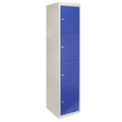 4-türiger Spindschrank in Blau mit grauem Rahmen, aus robustem Metall, bietet sicheren Stauraum mit Lüftungsschlitzen und schlichten, modernen Linien