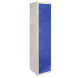 4-türiger Spindschrank in Blau mit grauem Rahmen, aus robustem Metall, bietet sicheren Stauraum mit Lüftungsschlitzen und schlichten, modernen Linien