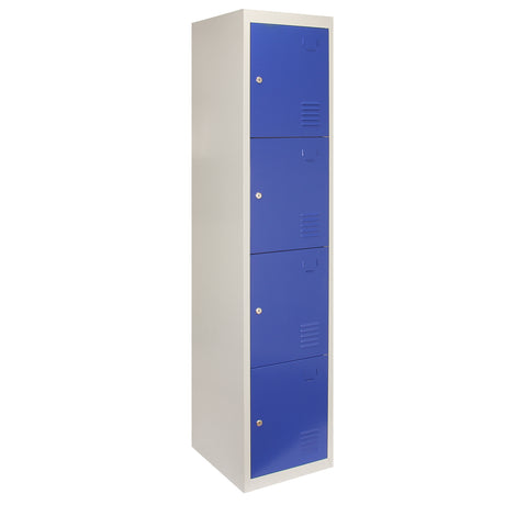 4-türiger Spindschrank in Blau mit grauem Rahmen, aus robustem Metall, bietet sicheren Stauraum mit Lüftungsschlitzen und schlichten, modernen Linien