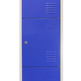 Blauer 4-türiger Schließfachschrank mit glatter Oberfläche, metallischem Material und Belüftungsschlitzen, ideal für Schulen oder Fitnessstudios