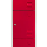 Roter 4-Tür Schließfachschrank mit glatter Oberfläche, metallischem Finish und Lüftungsschlitzen, ideal für Schulen oder Fitnessstudios