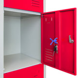 Roter Schließfachschrank mit vier Türen, geöffnet, zeigt den Innenraum mit einem weißen Regalboden und einem Schlüsselbund an der Türhängeschloss