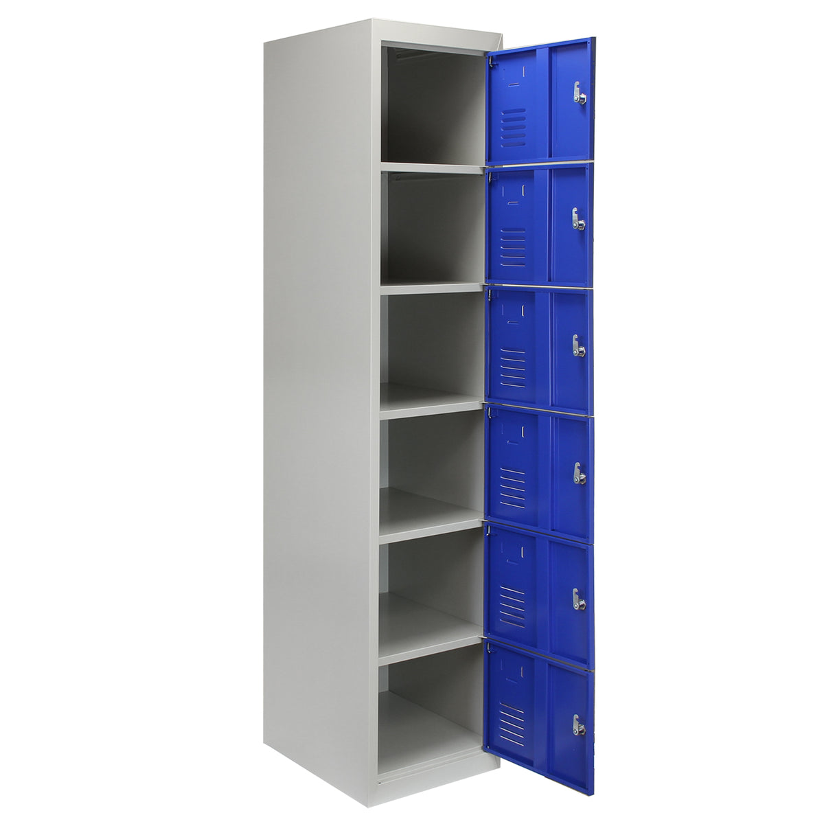 Schließfachschrank mit sechs blauen Türen, grauem Korpus, robustem Metallmaterial und praktischen Lüftungsschlitzen für optimale Belüftung