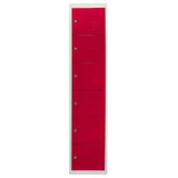 Sechstüriger Spindschrank in leuchtendem Rot mit glatter Oberfläche, metallischen Türen und praktischen Belüftungsschlitzen, ideal für Schulen oder Fitnessstudios