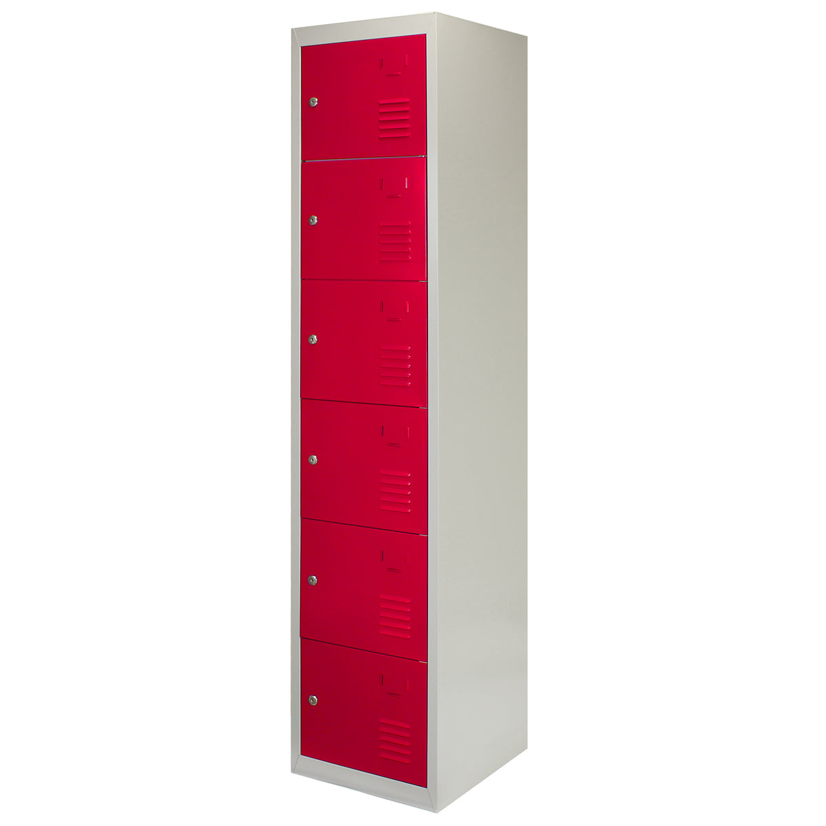 Sechstüriger Spindschrank in leuchtendem Rot mit Metalloberfläche, schmalem Design und Lüftungsschlitzen für optimale Belüftung und Sicherheit