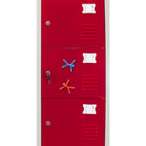 Sechs-türiger Schließfachschrank in leuchtendem Rot mit bunten Magneten, glänzender Oberfläche und stabilen Metalltüren, ideal für Schulen oder Fitnessstudios