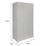 Drei graue Schließfächer mit jeweils einer Tür, aus robustem Metall, 180 cm hoch, 90 cm breit und 50 cm tief, ideal für Schulen oder Fitnessstudios
