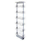 Ausziehbarer Vorratsschrank in Silber, 170cm bis 195cm hoch, mit sechs stabilen Drahtkörben für optimale Küchenorganisation und Stauraum